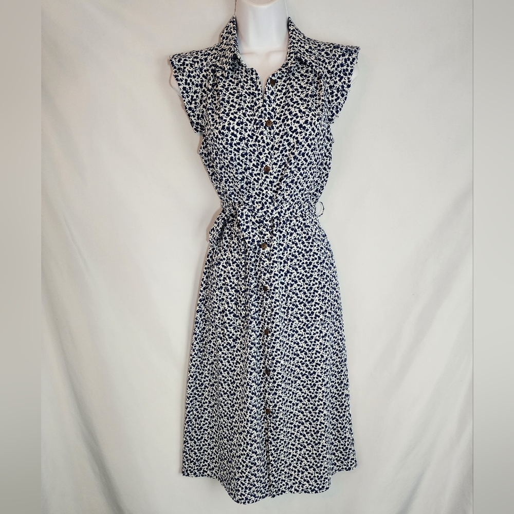 Monteau Navy and White Sleeveless Midi Shirt Dress